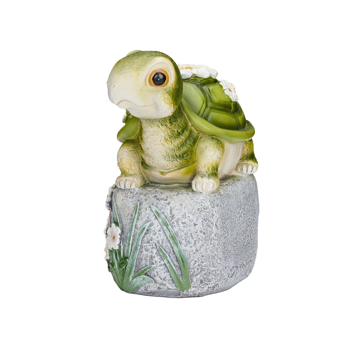 Front angled view of Turtle on Stone Garden Statue showing the turtle’s face, green shell, floral accents, and textured stone base