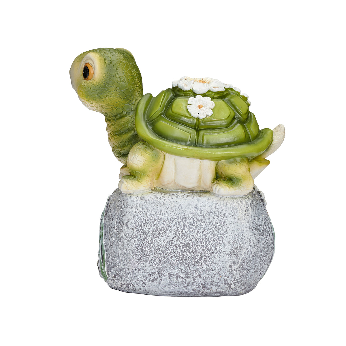 Side view of Turtle on Stone Garden Statue showing the green turtle, detailed shell, and gray floral stone base