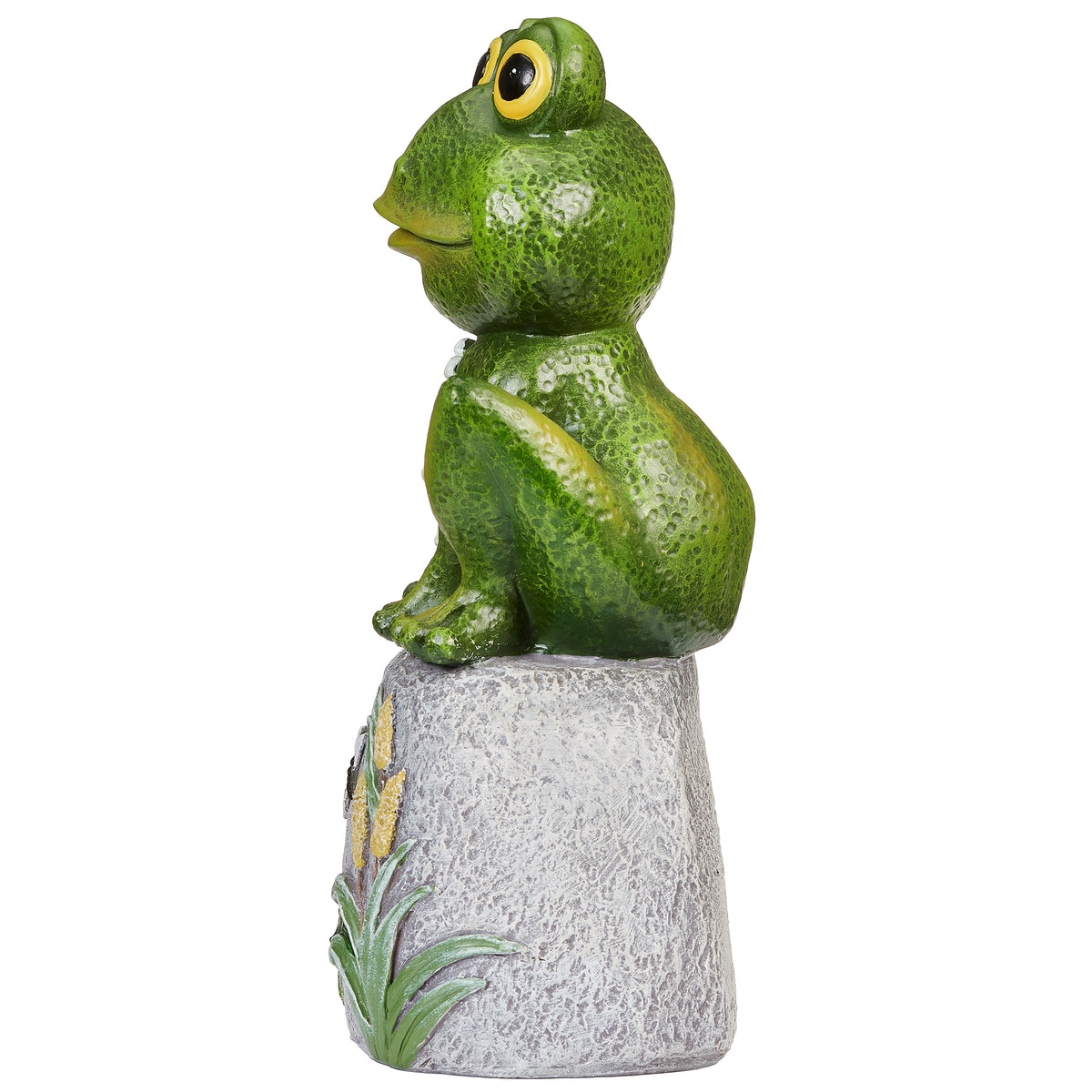Side view of Frog on Stone Garden Statue showing the frog profile and sculpted stone-look base