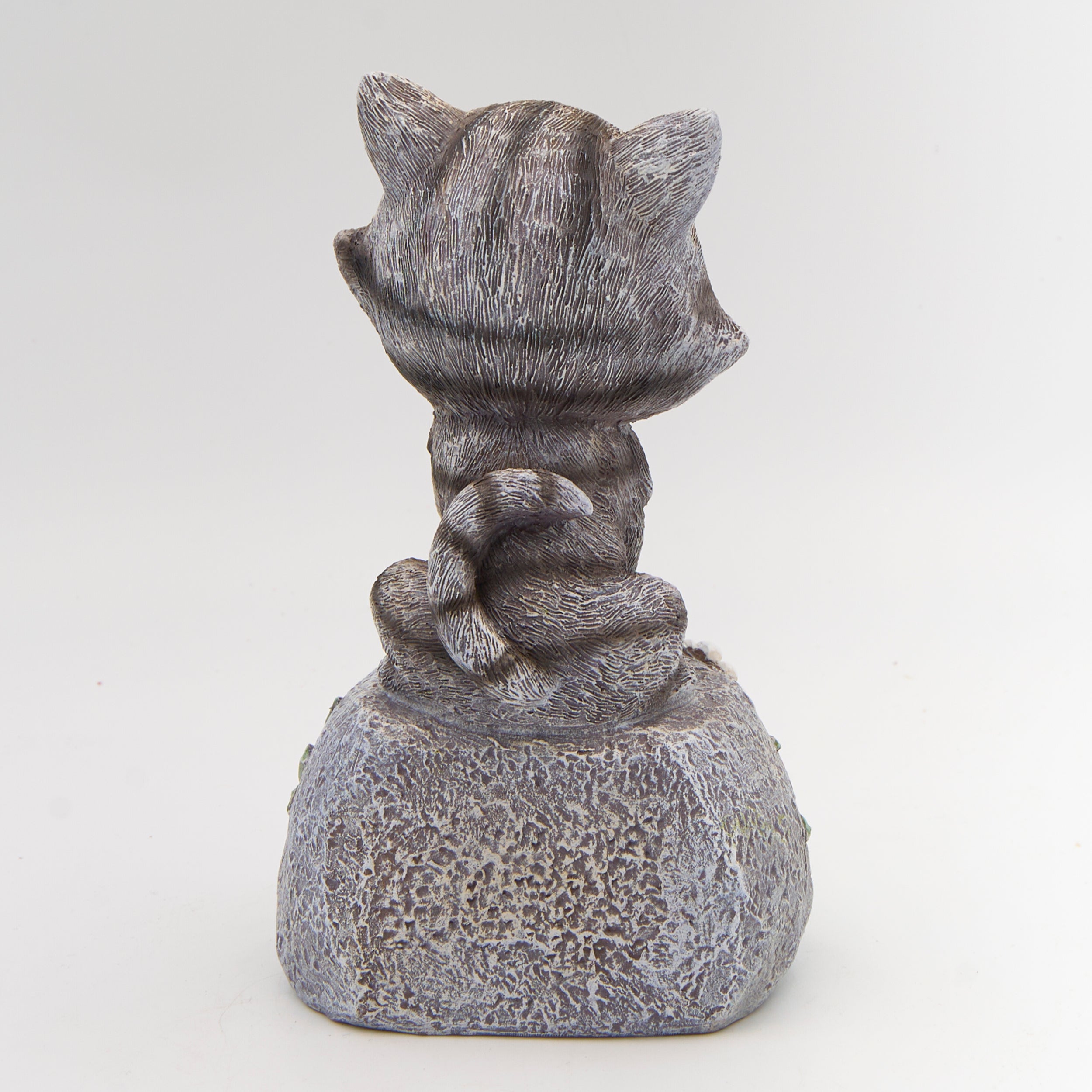 Cat on Stone Garden Statue with Floral Accents
