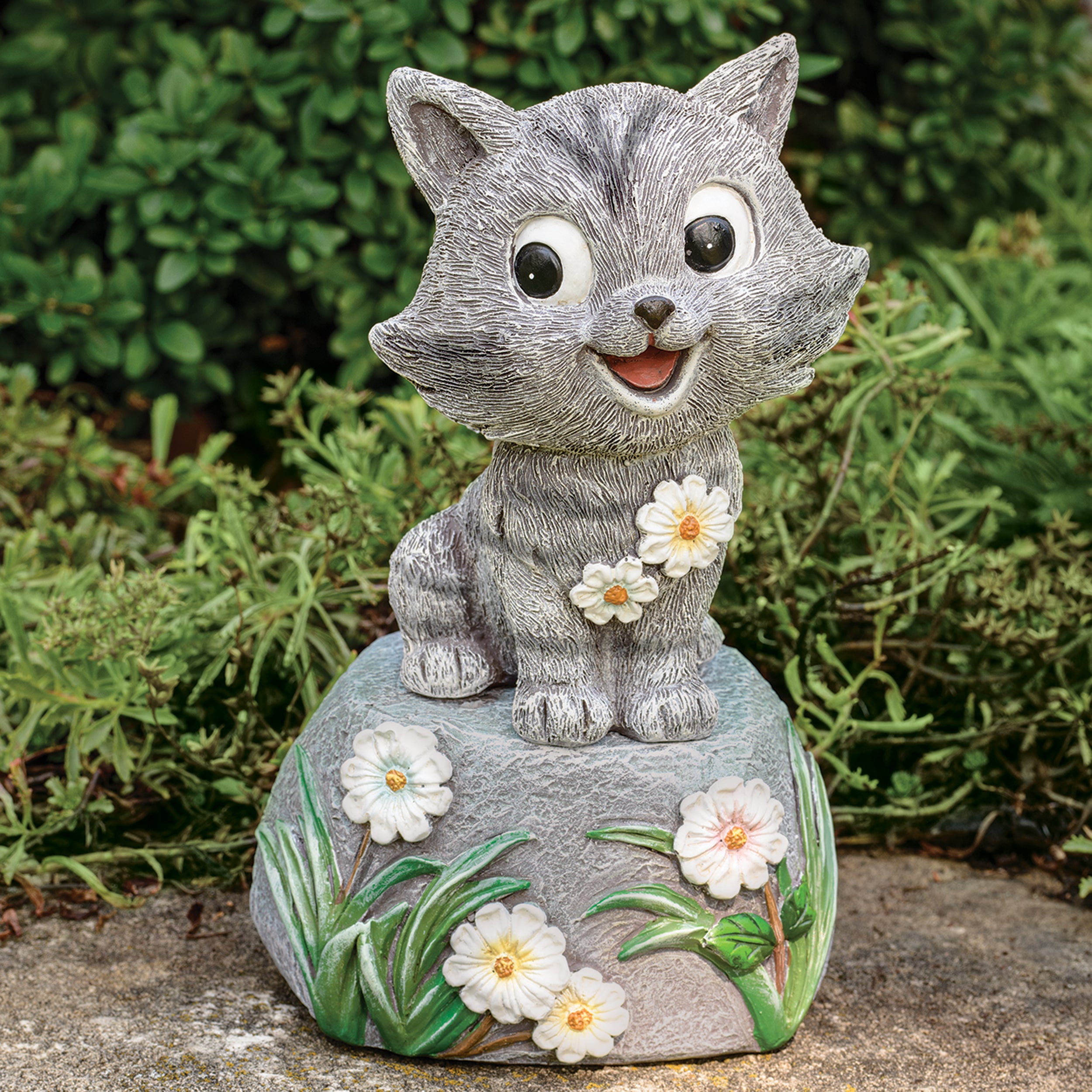 Cat on Stone Garden Statue with Floral Accents