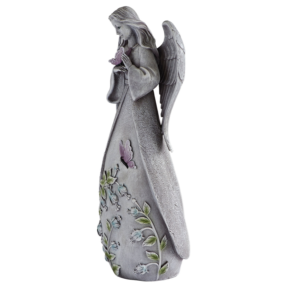 Opposite side view of Butterfly Angel Garden Statue with butterfly and floral accents