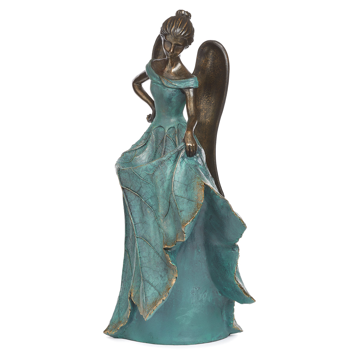 Side view of Angel Bird Feeder showing the sculpted angel, bronze-tone wings, and blue-green gown