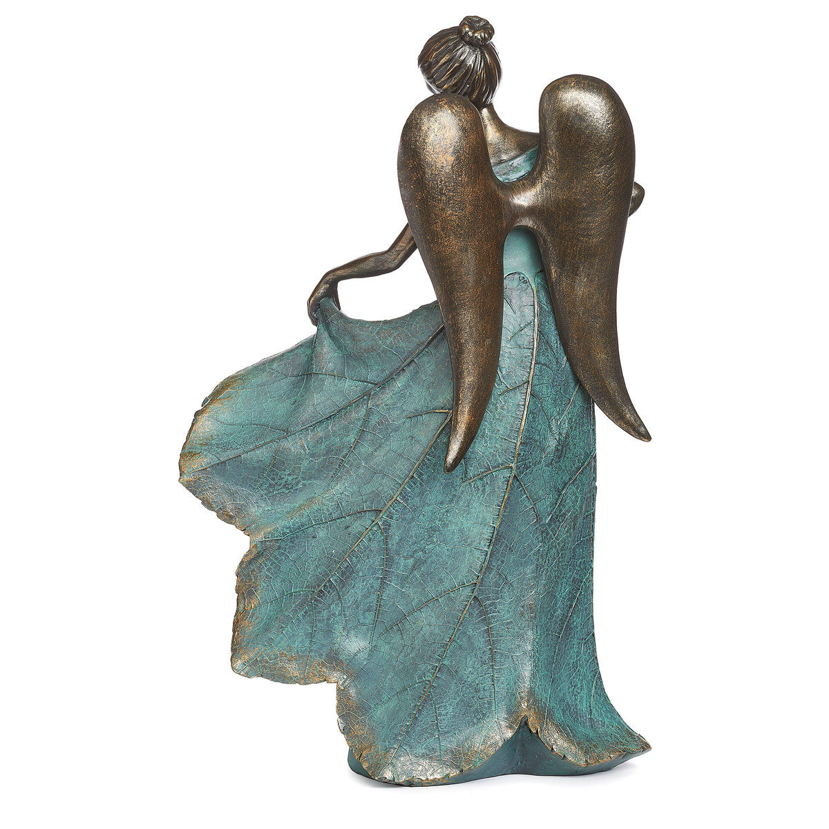 Rear angled view of Angel Bird Feeder showing the detailed wings and flowing textured gown