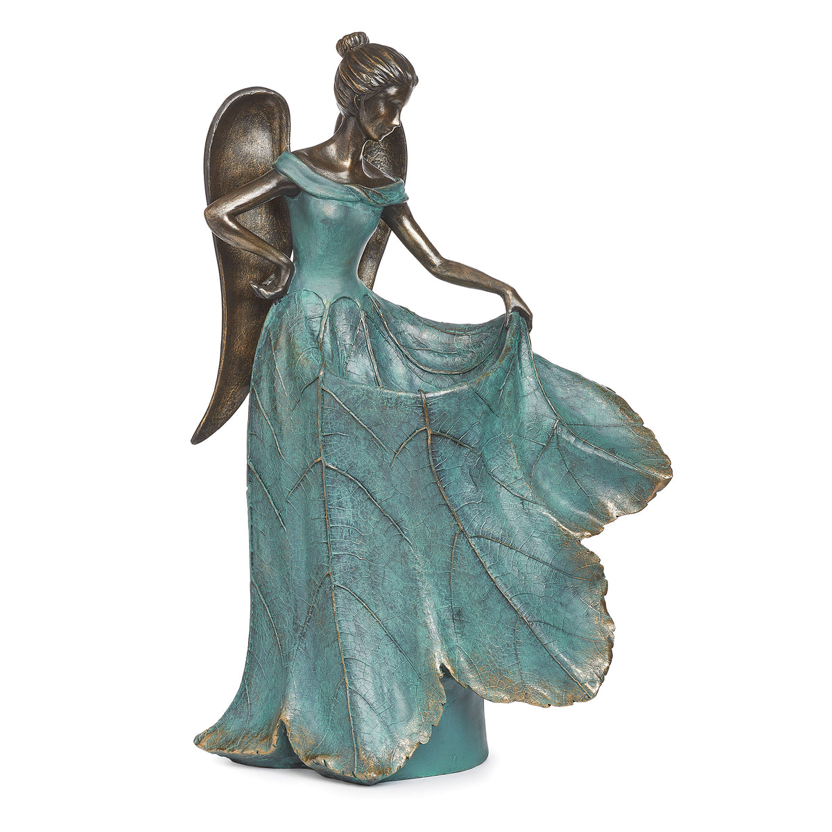 Front angled view of Angel Bird Feeder showing the angel lifting her gown to create the feeding bowl