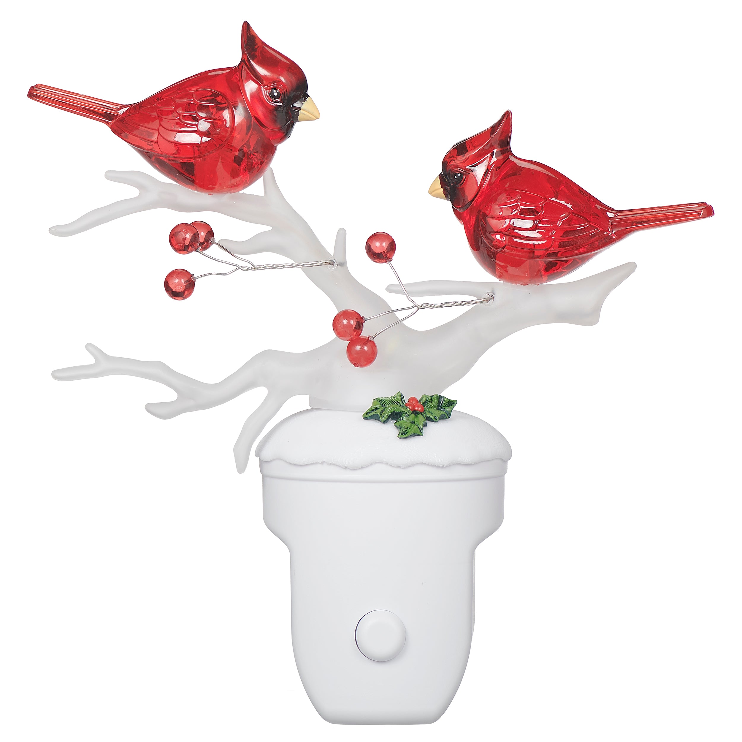 Two cardinals on branches night-light on white base