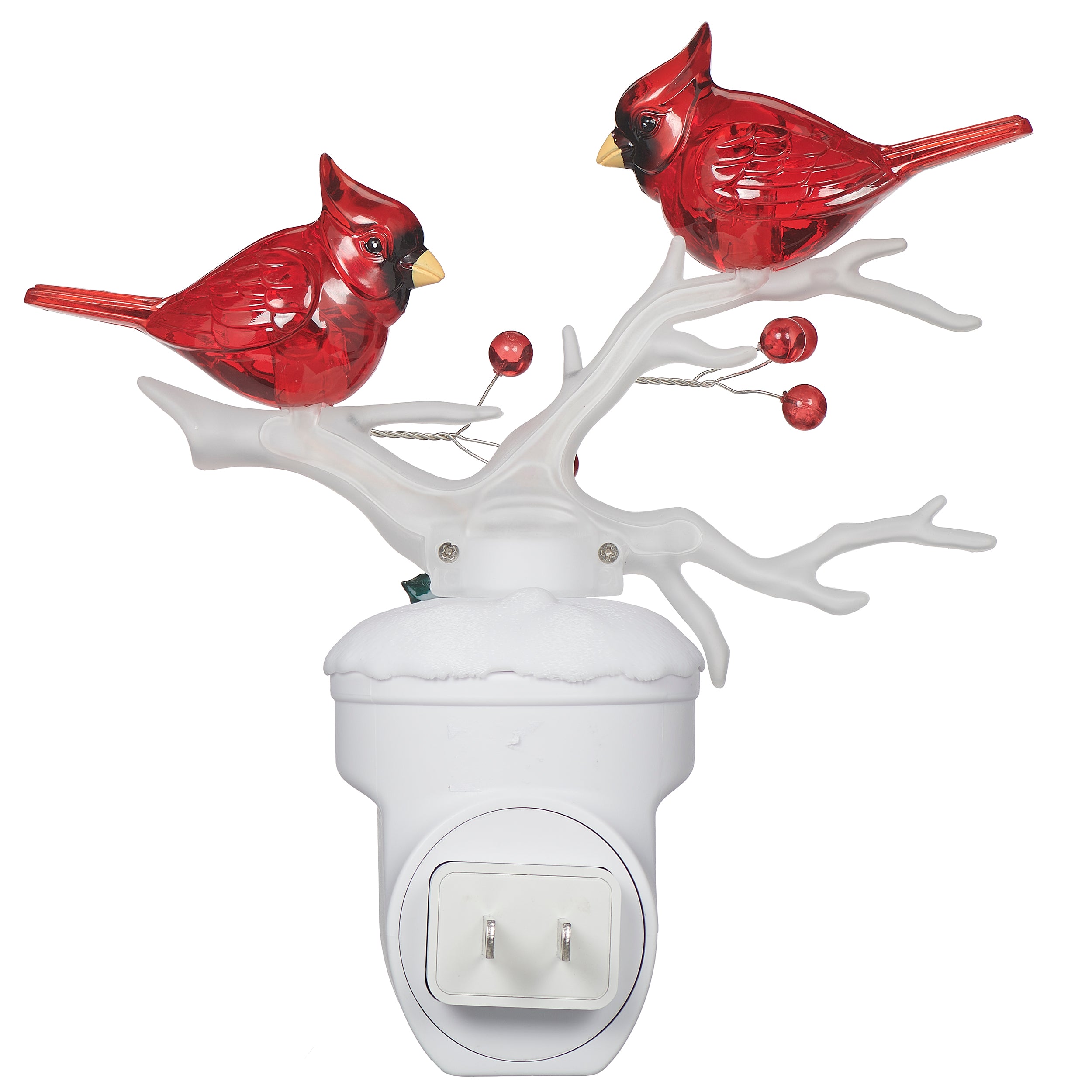 Two cardinals on branches night-light on white base