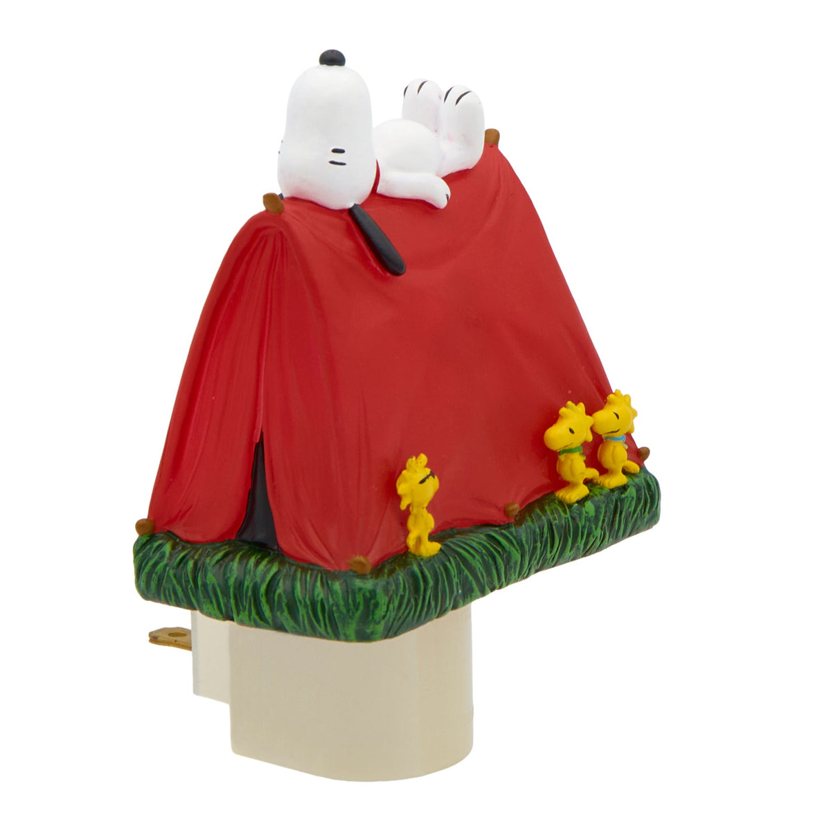Side view of Snoopy with Woodstock Night-Light showing the red doghouse, Snoopy figure, Woodstock accents, and plug-in base
