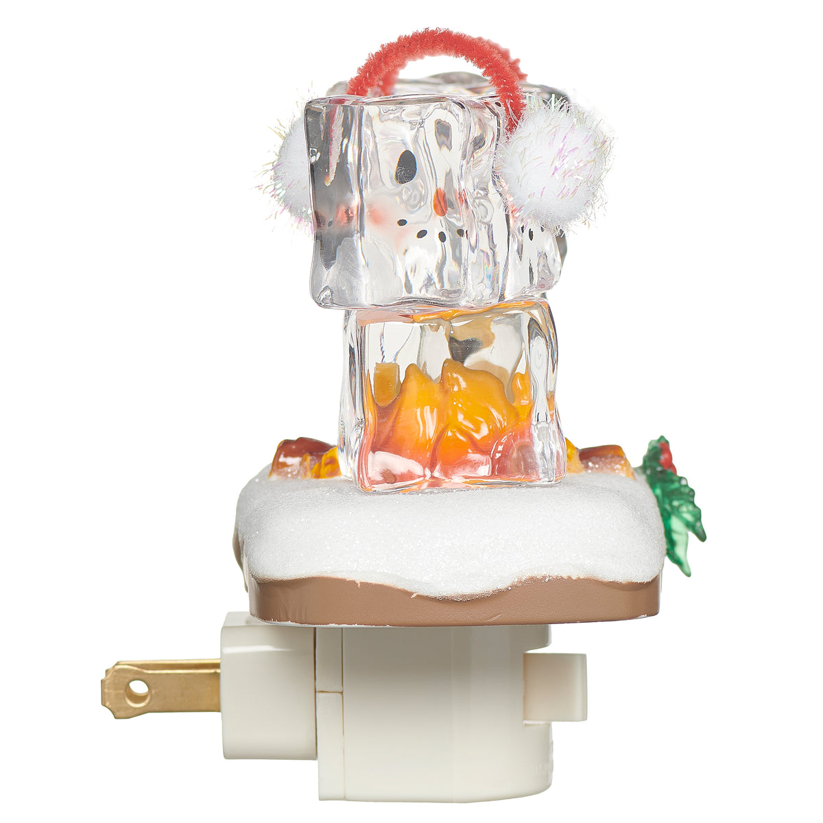 Side view of Ice Cube Couple Campfire Night-Light showing the raised campfire scene, winter characters, and plug-in base
