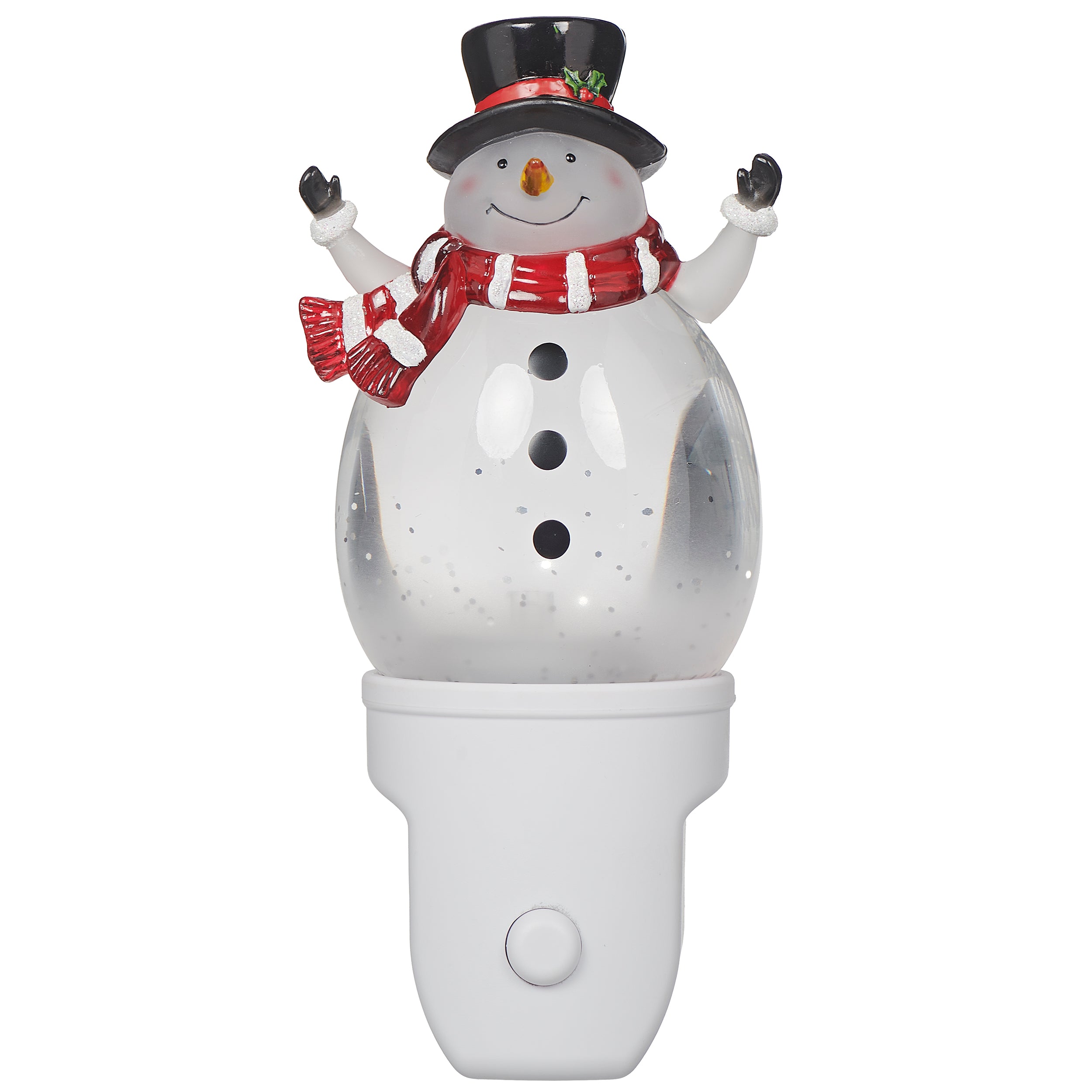 Snowman night light with a top hat and scarf on a white background