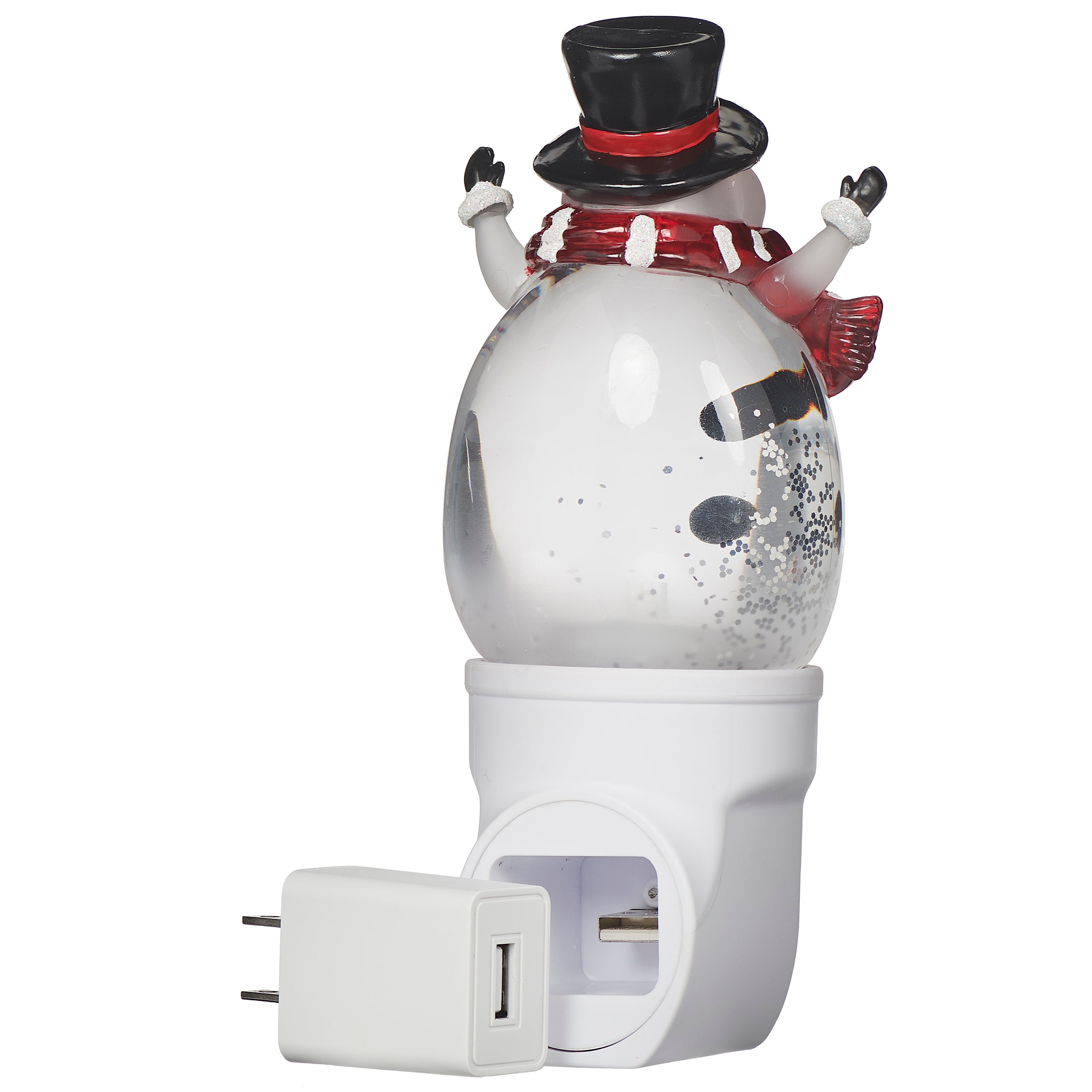 Snowman-shaped night light with a plug on a white background