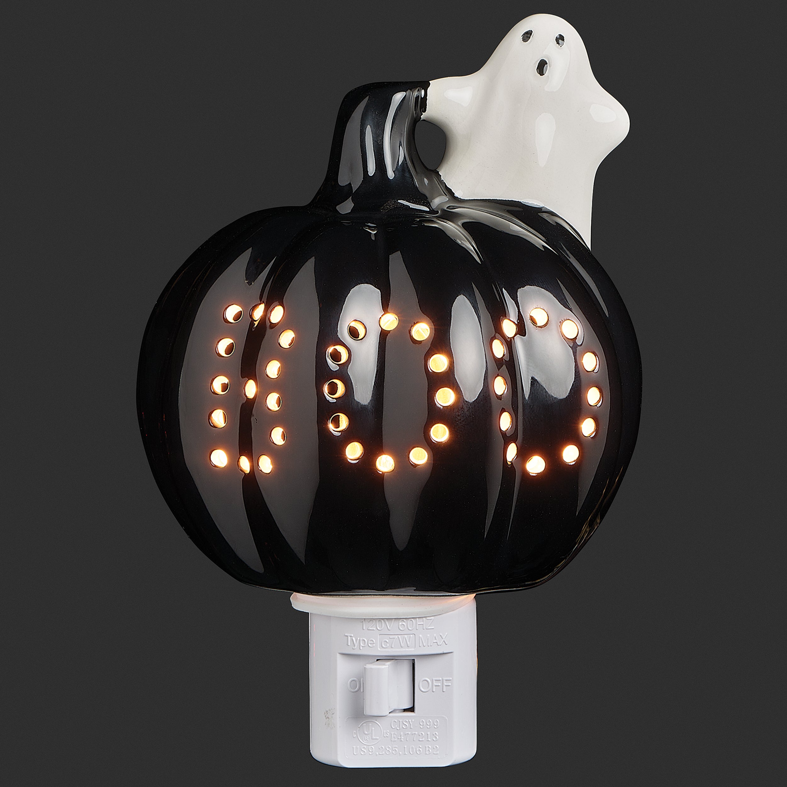 Roman Lights Black "Boo" Pumpkin with Ghost Night-Light