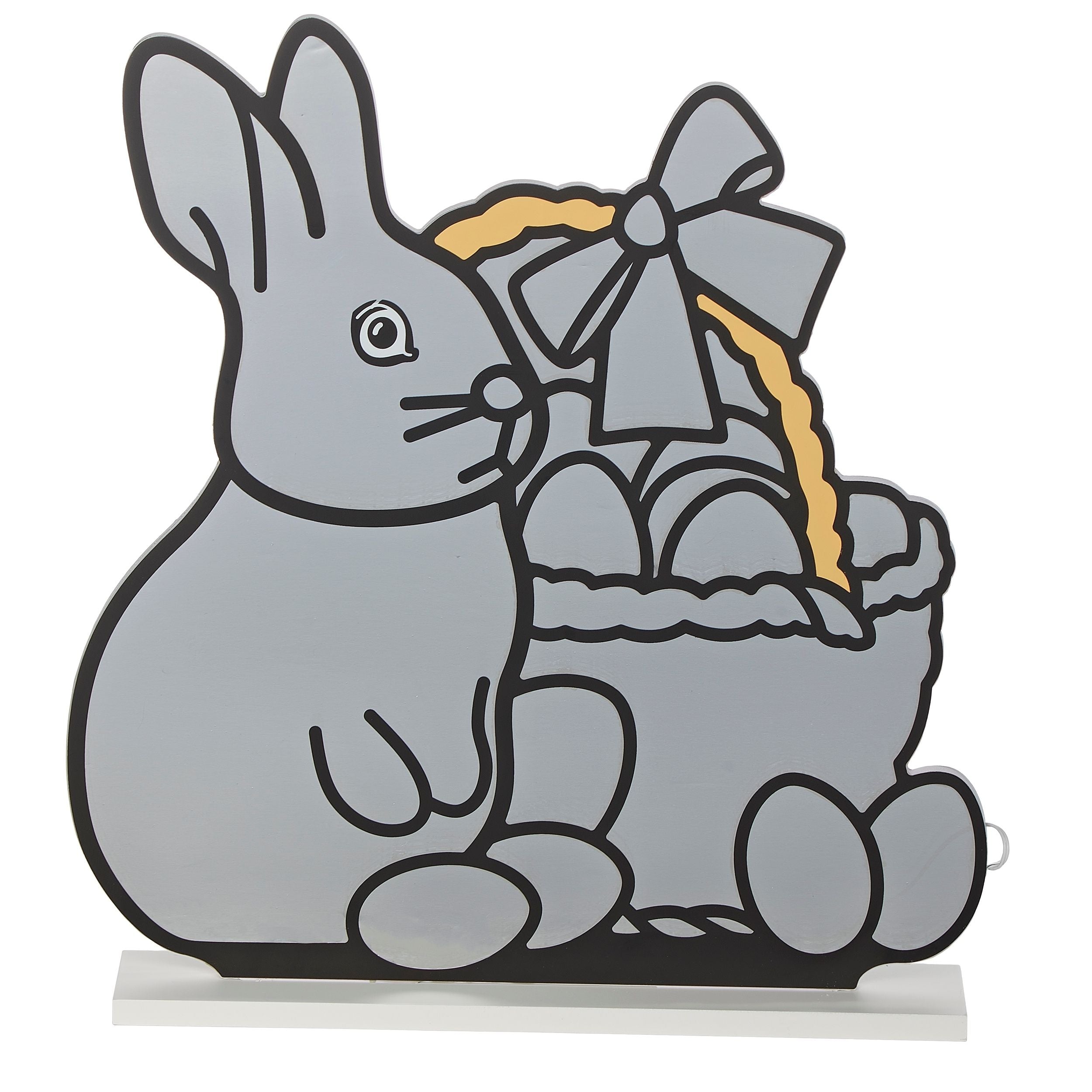 Gray rabbit with a basket of Easter eggs on a white background