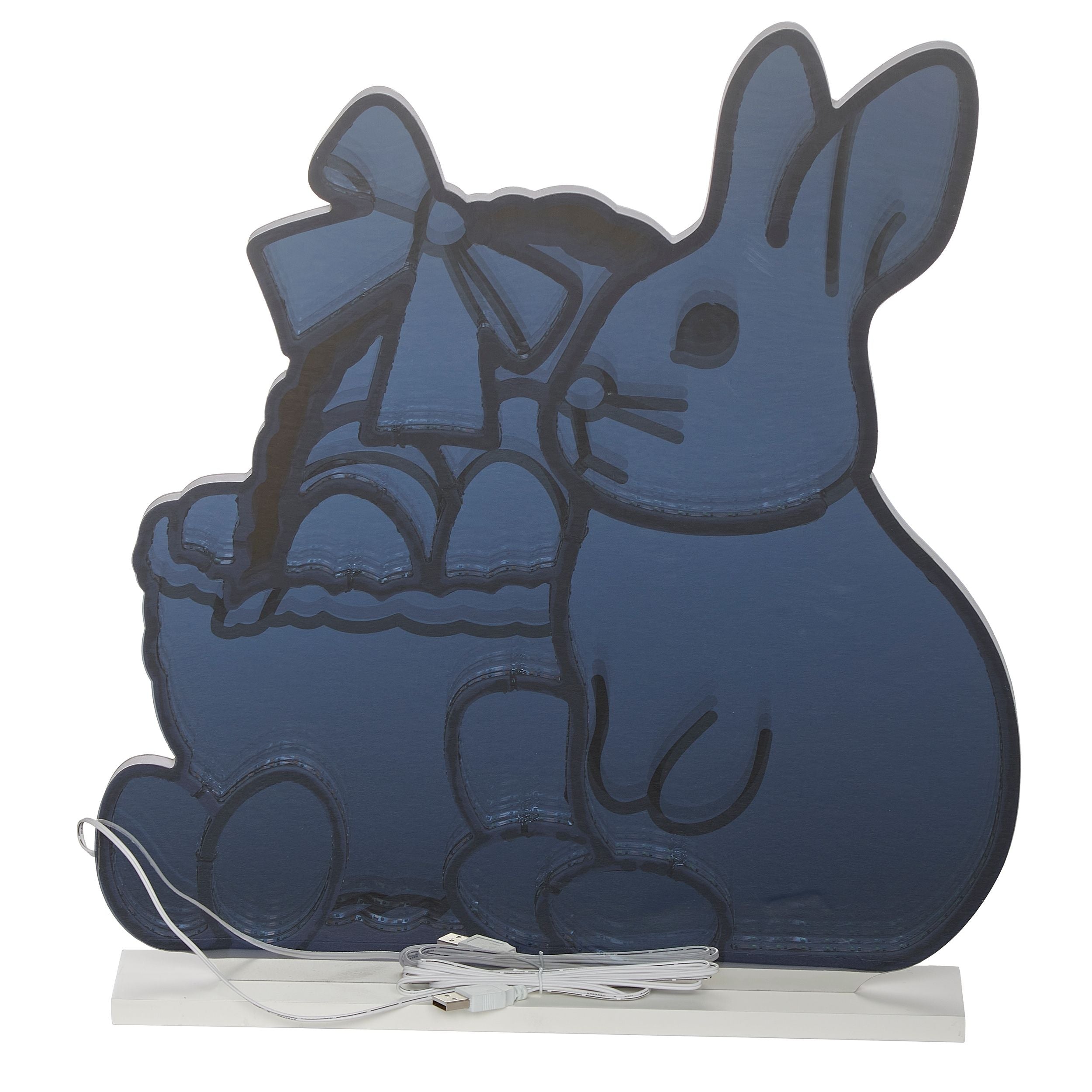 Blue bunny with basket and bow on a white background