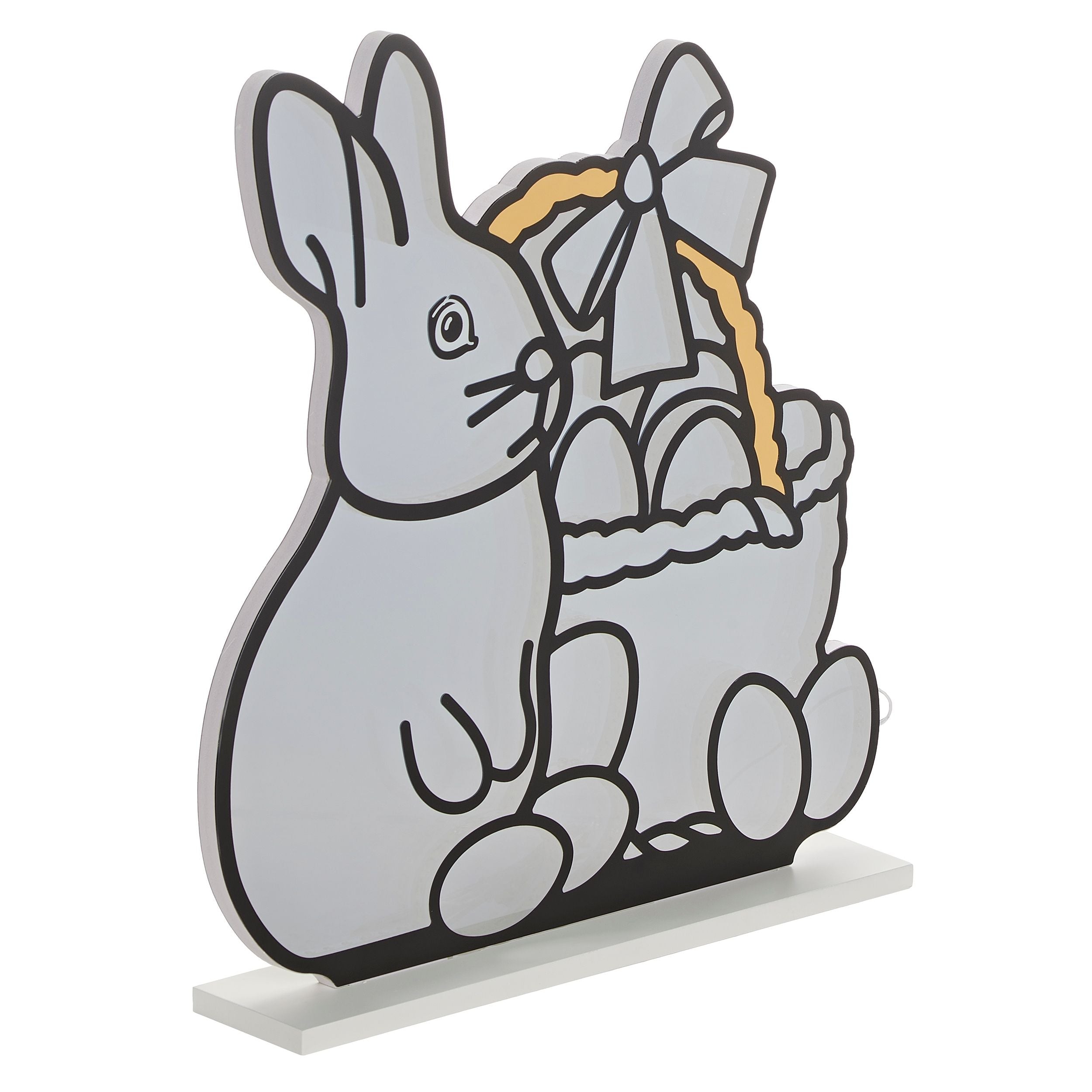Decorative standee of a gray bunny with a basket on a white background