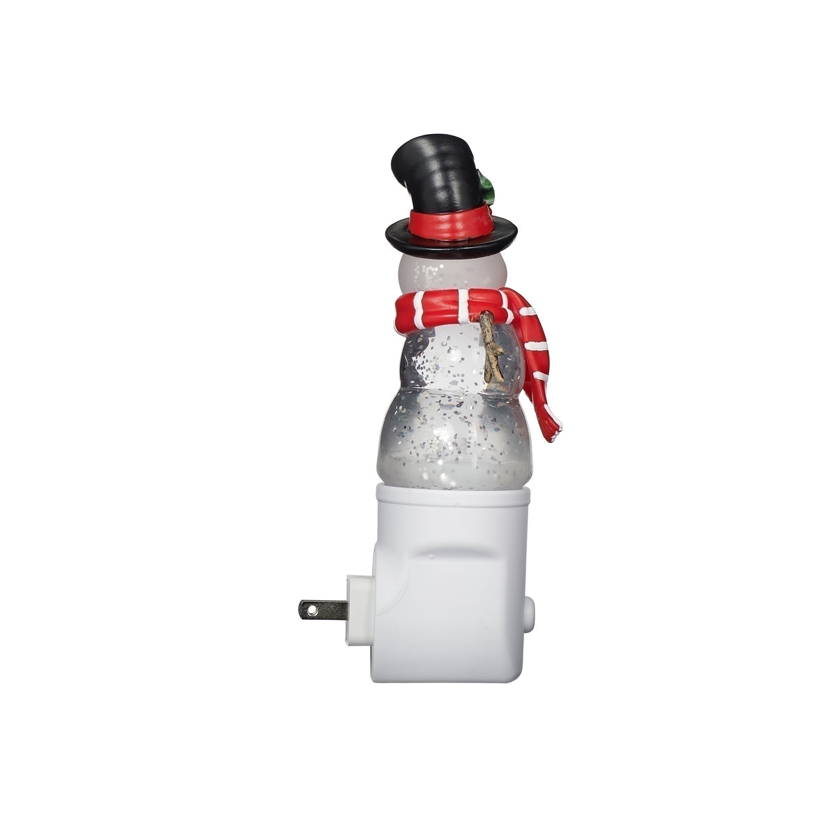 Three-quarter view of snowman night-light with USB adapter plug