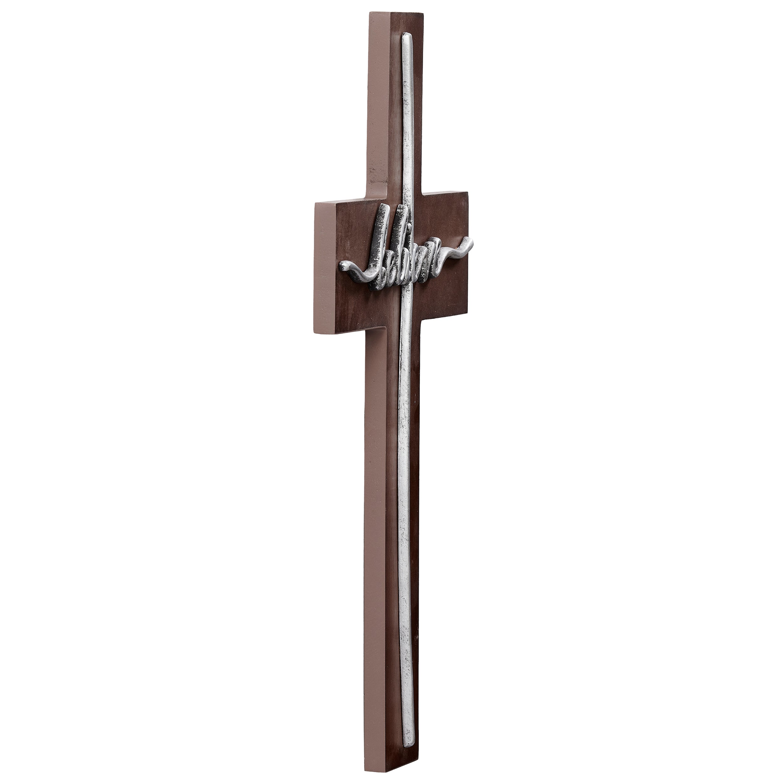 Believe Metal Script Wood Tone Wall Cross