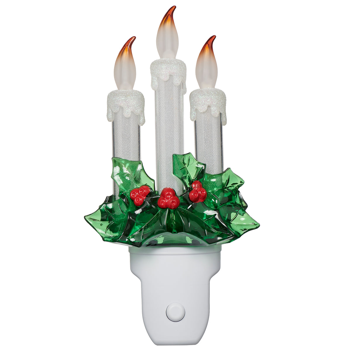 Front view of Triple Candle with Holly Night-Light showing three candle flames, holly leaves, red berries, and white plug-in base