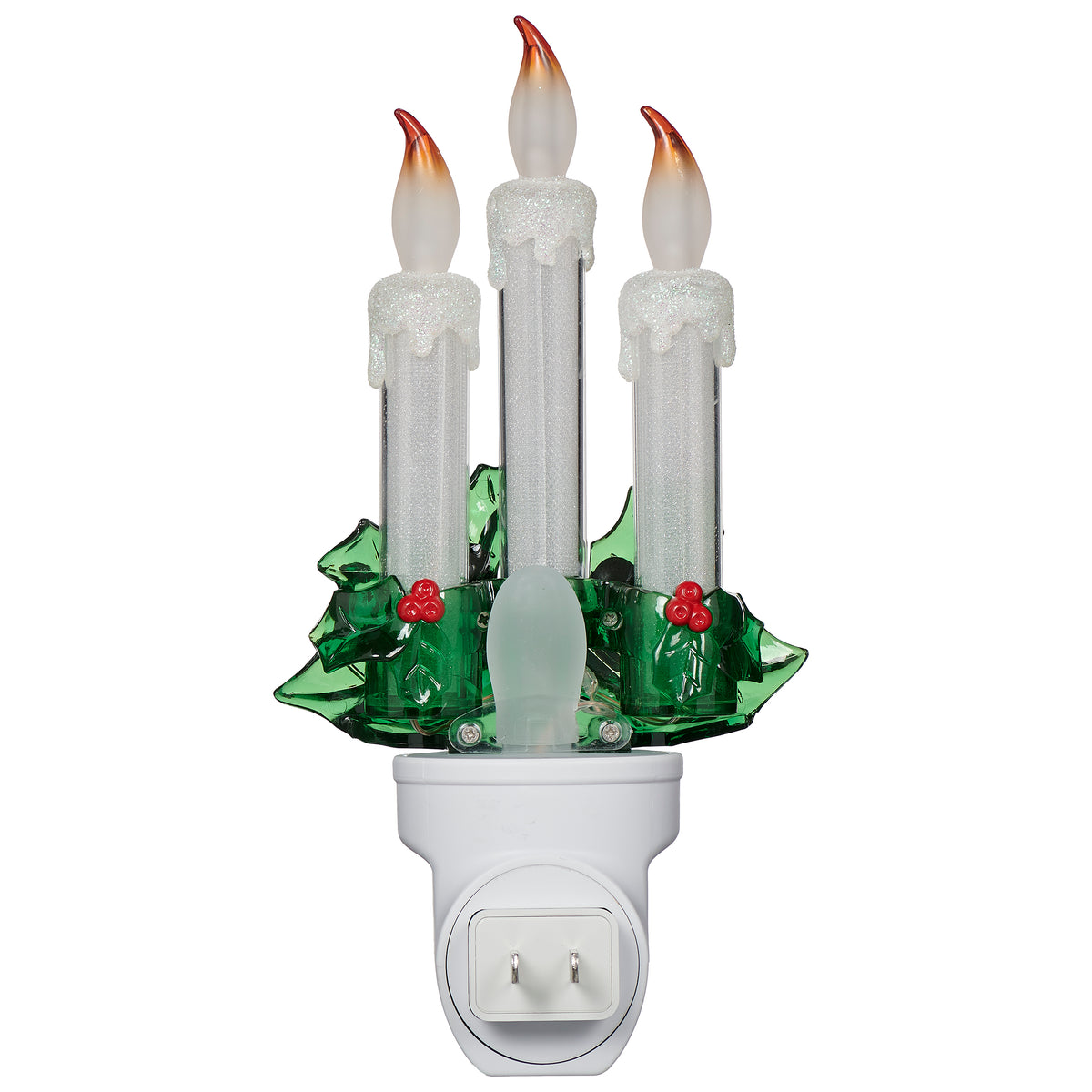Rear view of Triple Candle with Holly Night-Light showing the three candles, greenery, and white plug-in base