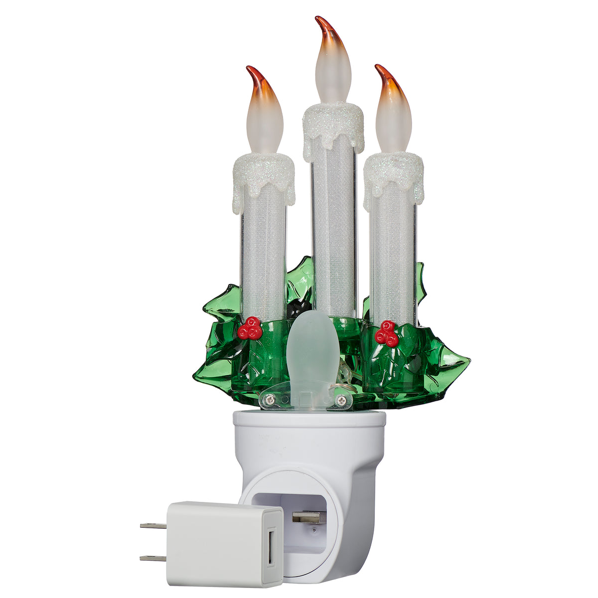 Rear angled view of Triple Candle with Holly Night-Light showing the three ivory candles, greenery, and plug-in base
