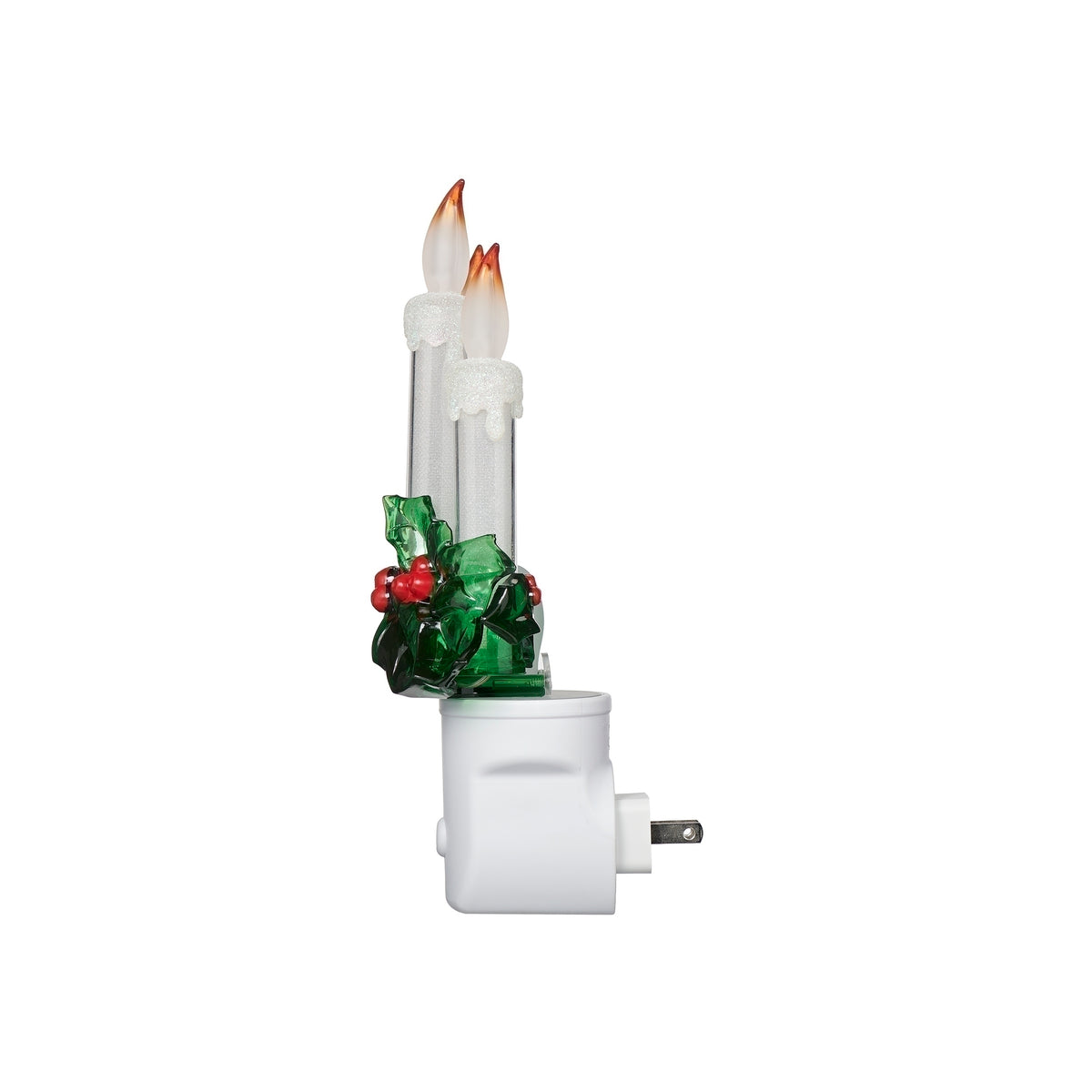 Side view of triple candle night-light showing its slim profile and white base with plug prongs extending behind it.