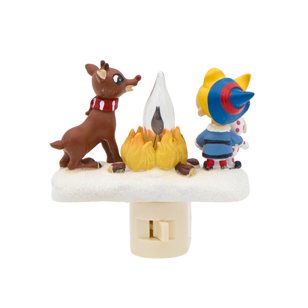 Front angled view of Rudolph and Hermey Campfire Night-Light showing the characters gathered around the campfire on a snowy base