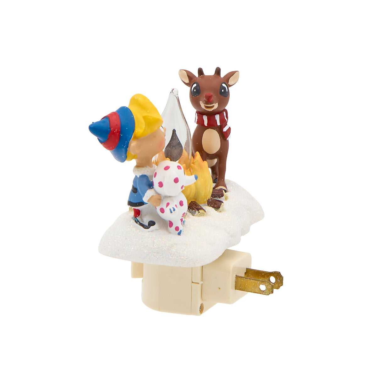 Side view of Rudolph and Hermey Campfire Night-Light showing the snowy scene, campfire, characters, and white plug-in base