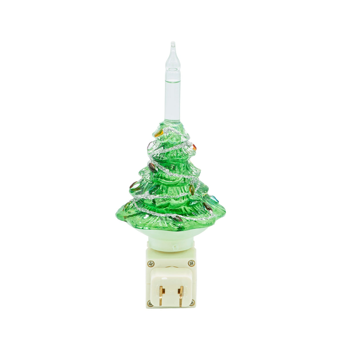 Front view of Christmas Tree Bubble Night-Light showing the layered green tree design, clear bubble tube, and white swivel plug