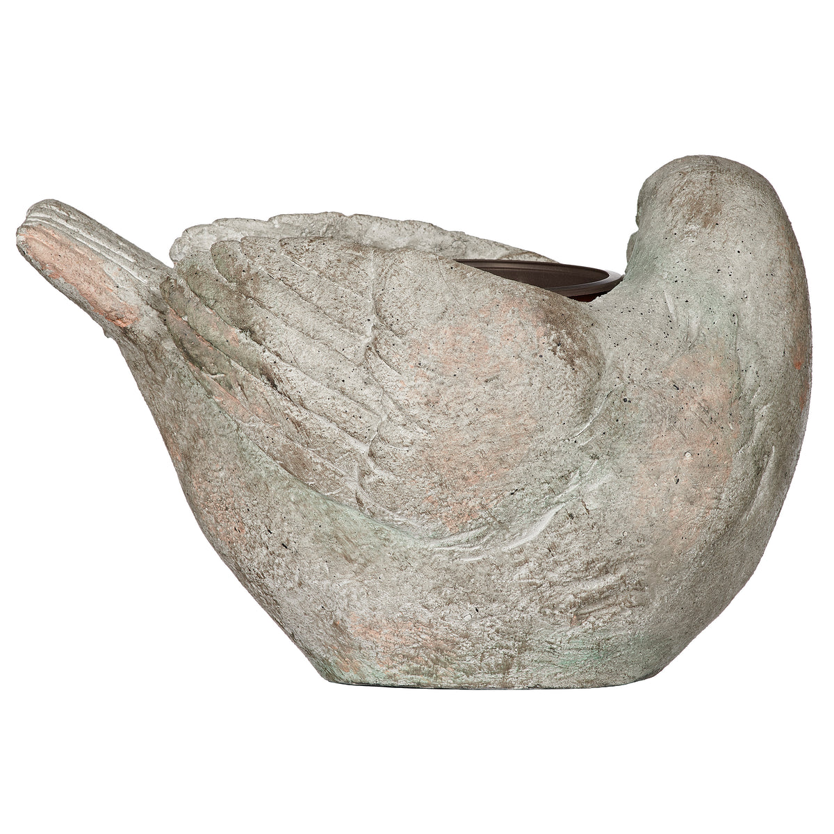 Side view of Bird Planter showing the bird head, raised tail, and stone-look finish