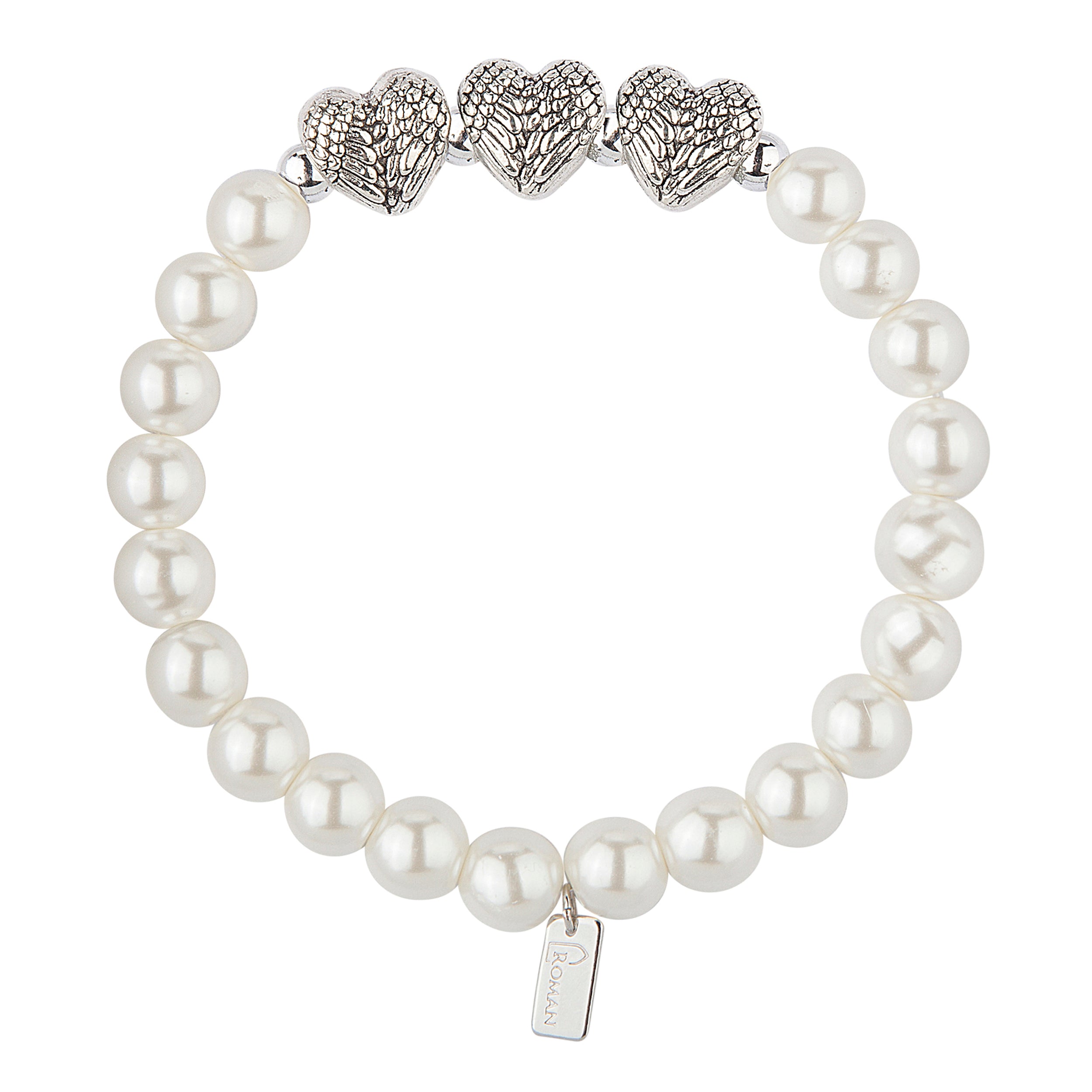 Mother's Elegant White Faux Pearl & Heart Charm Strecth Bracelet by Number of Children