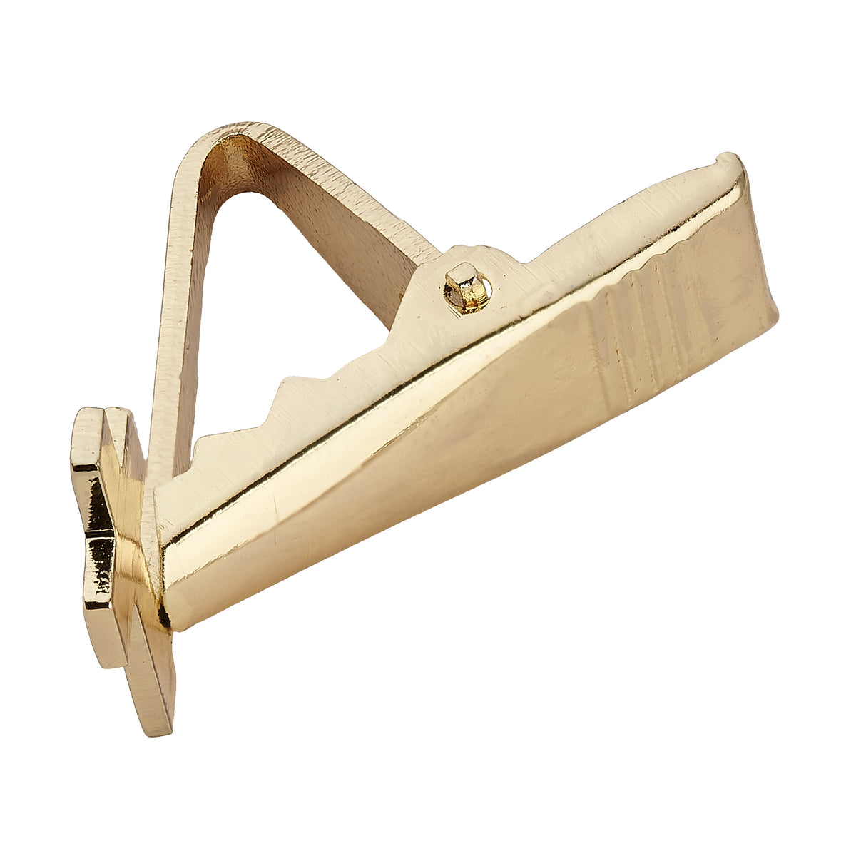 Rear angled view of First Communion Cross Gold Tie Bar showing the smooth gold-tone clip and fastening mechanism