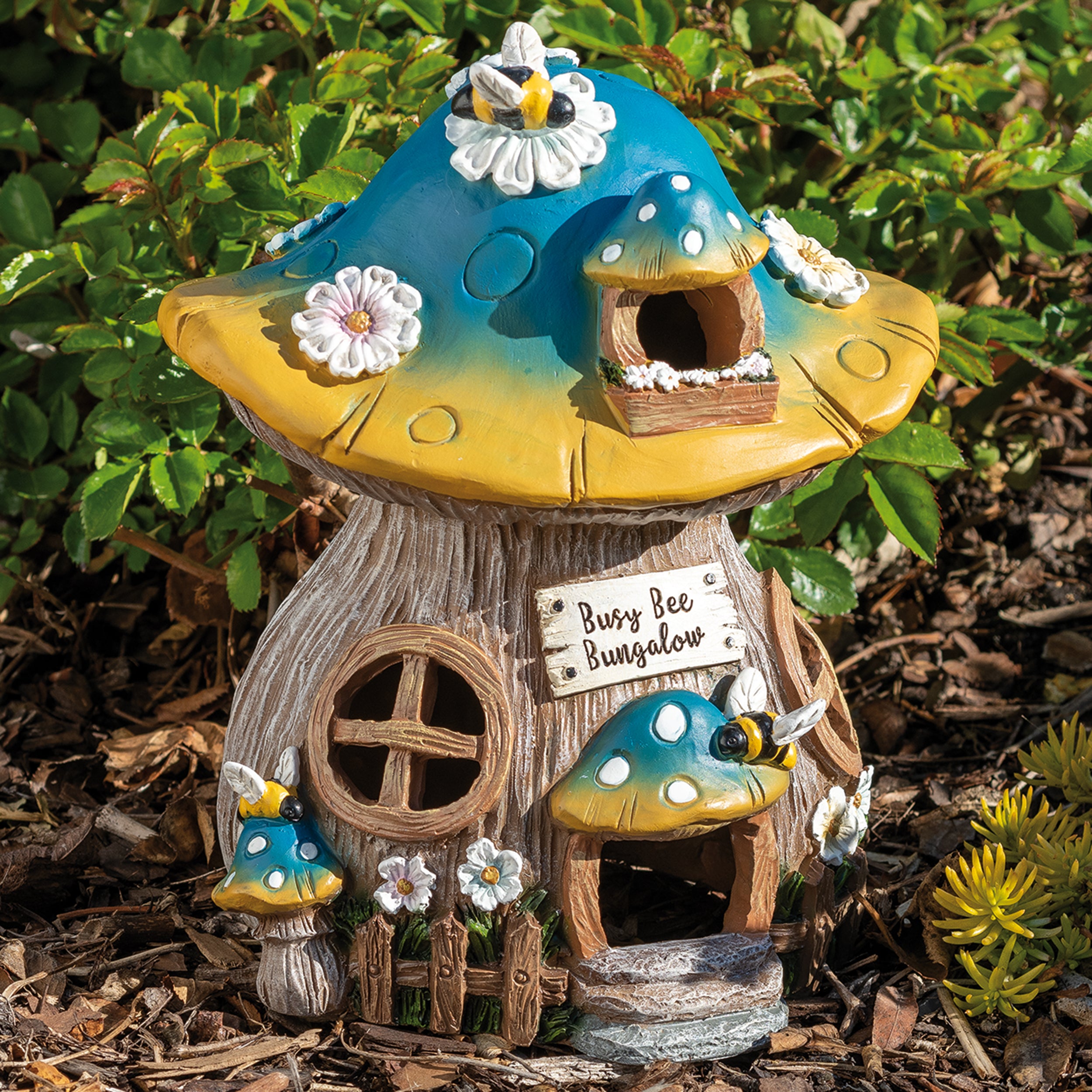 daisy flower plant bungalow house Busy Bee Bungalow Mushroom House Garden Statue