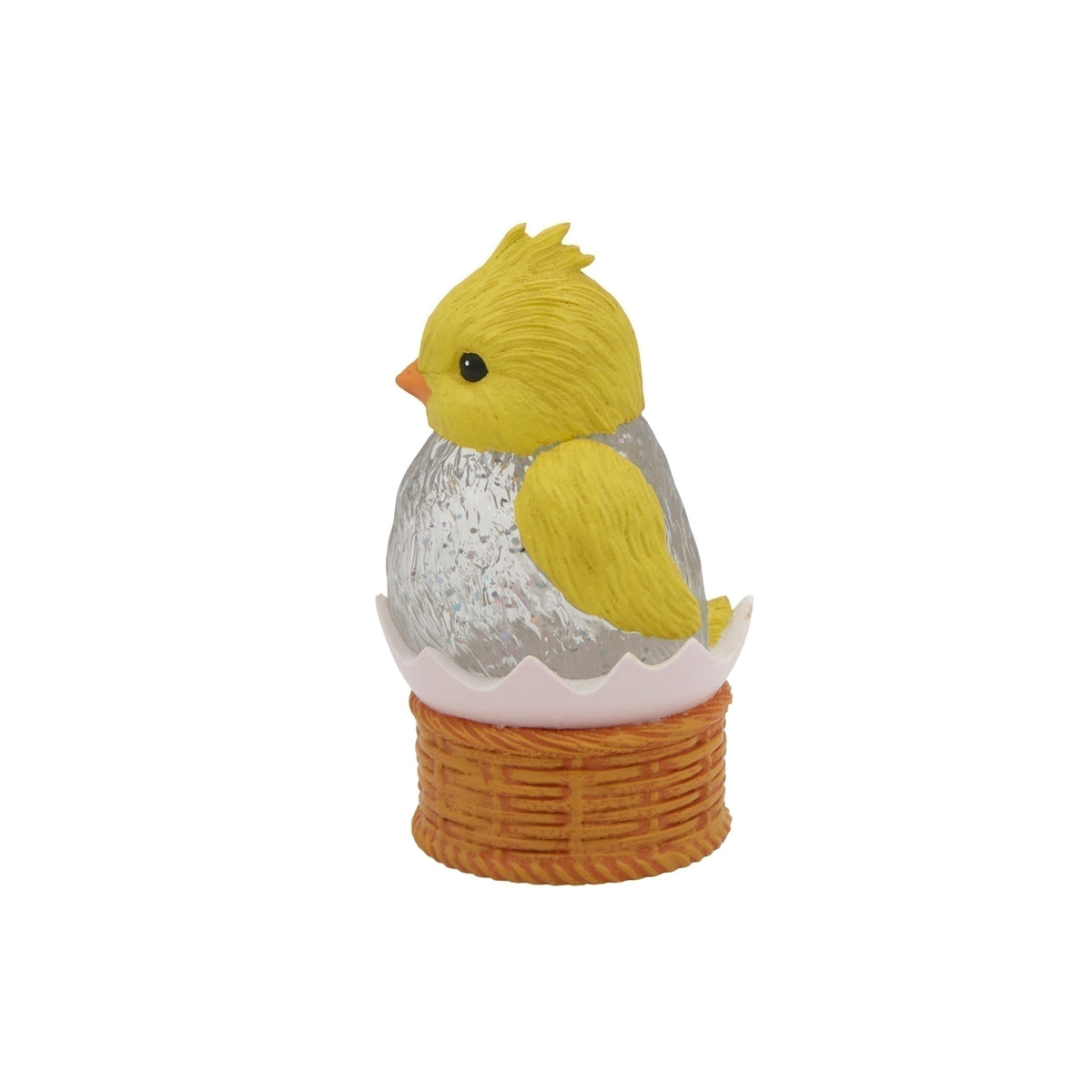 Side view of yellow Easter chick shimmer lantern with lighted glitter globe