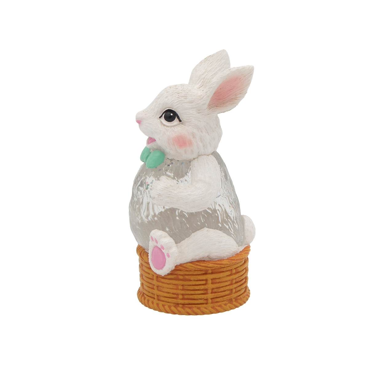 White Easter bunny shimmer lantern with pastel eggs and woven basket base