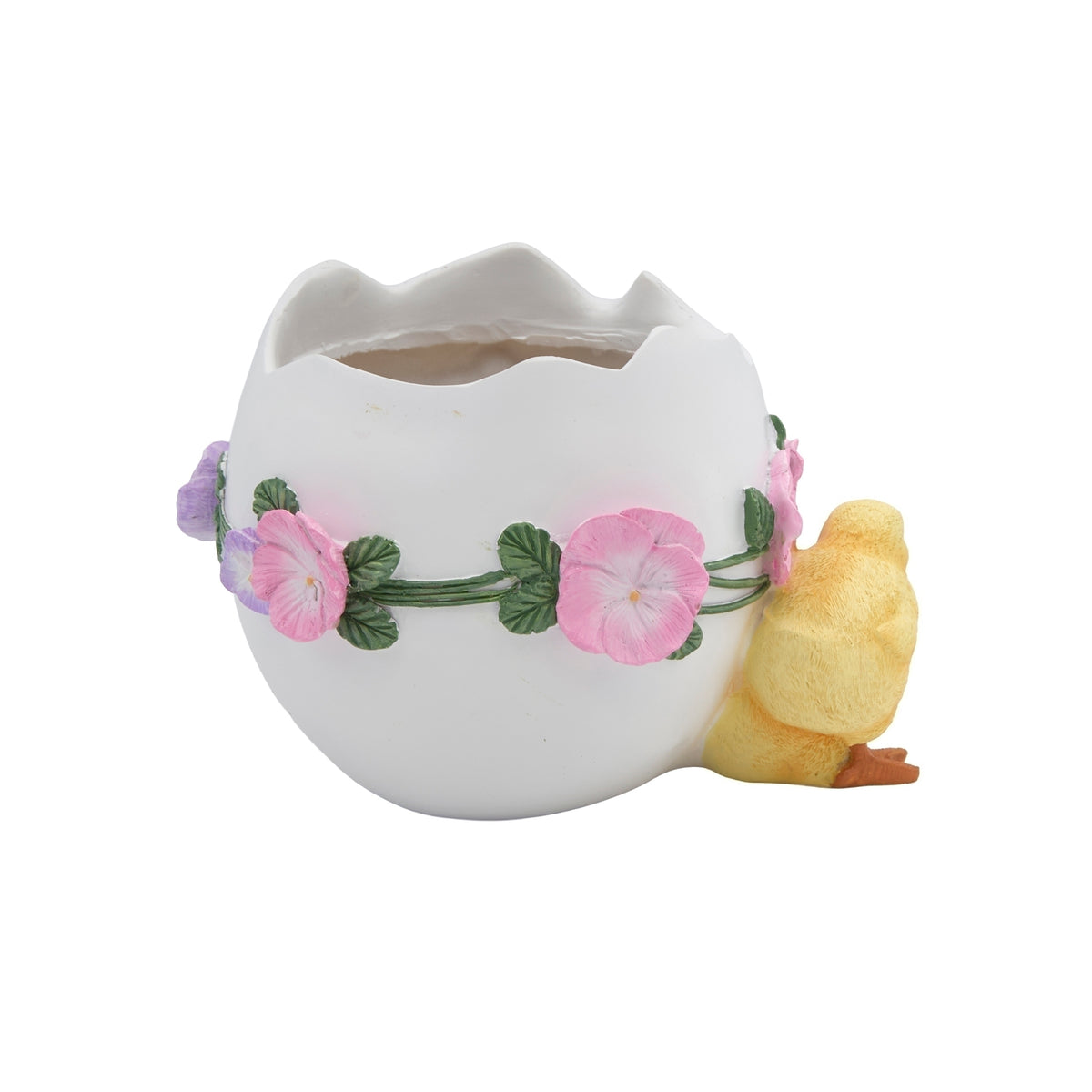 Side view of Easter egg planter with yellow chick and pastel flowers