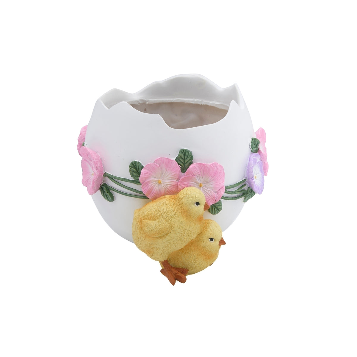1. Front angled view of Easter egg planter with two yellow chicks and floral accents