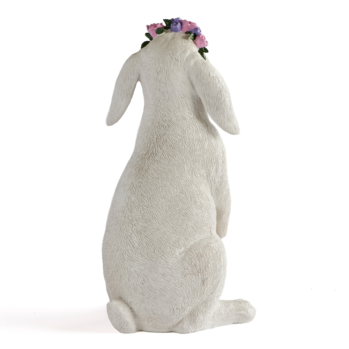 Rear angled view of white Easter bunny figure with floral crown