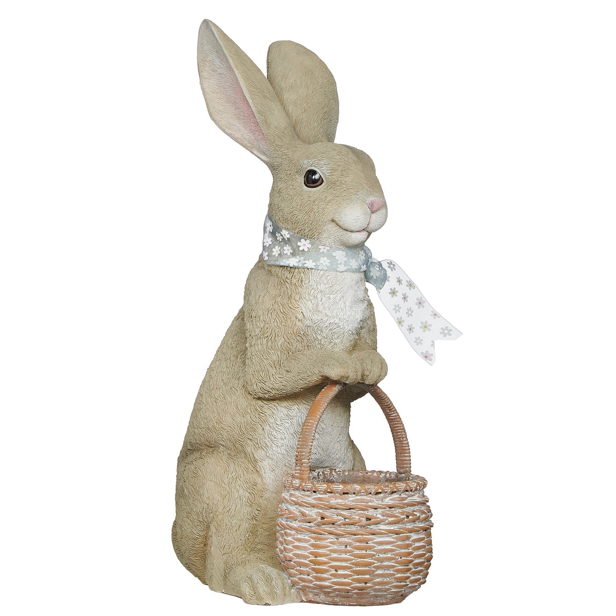 Angled view of Easter bunny basket planter for spring garden decor