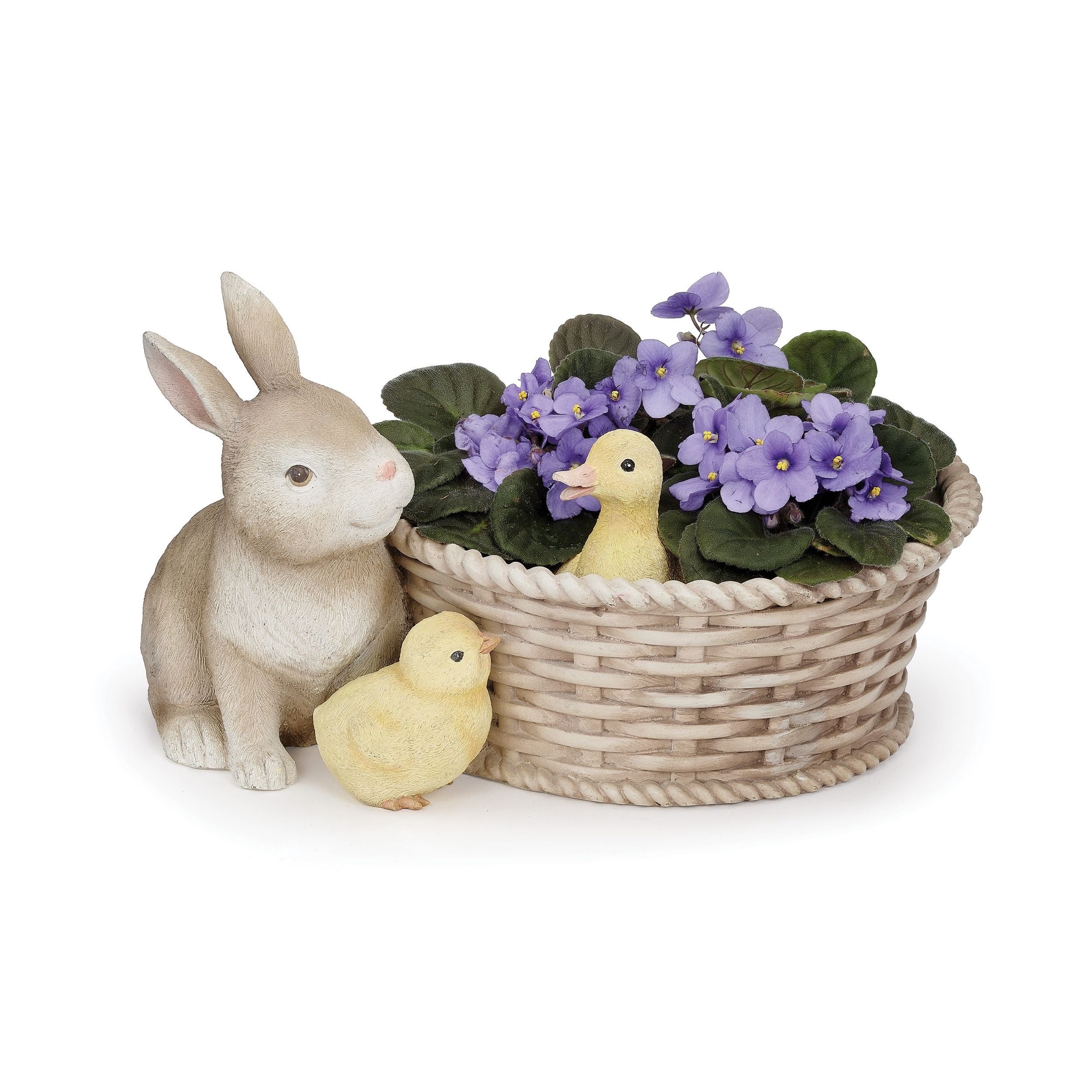 Decorative scene with a rabbit, two chicks, and a basket of purple flowers on a white background