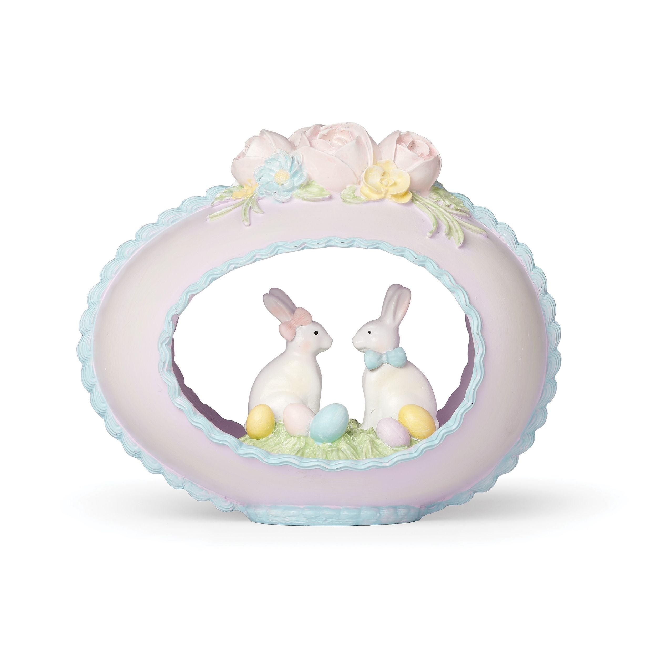 Decorative wreath with two rabbits and Easter eggs on a white background