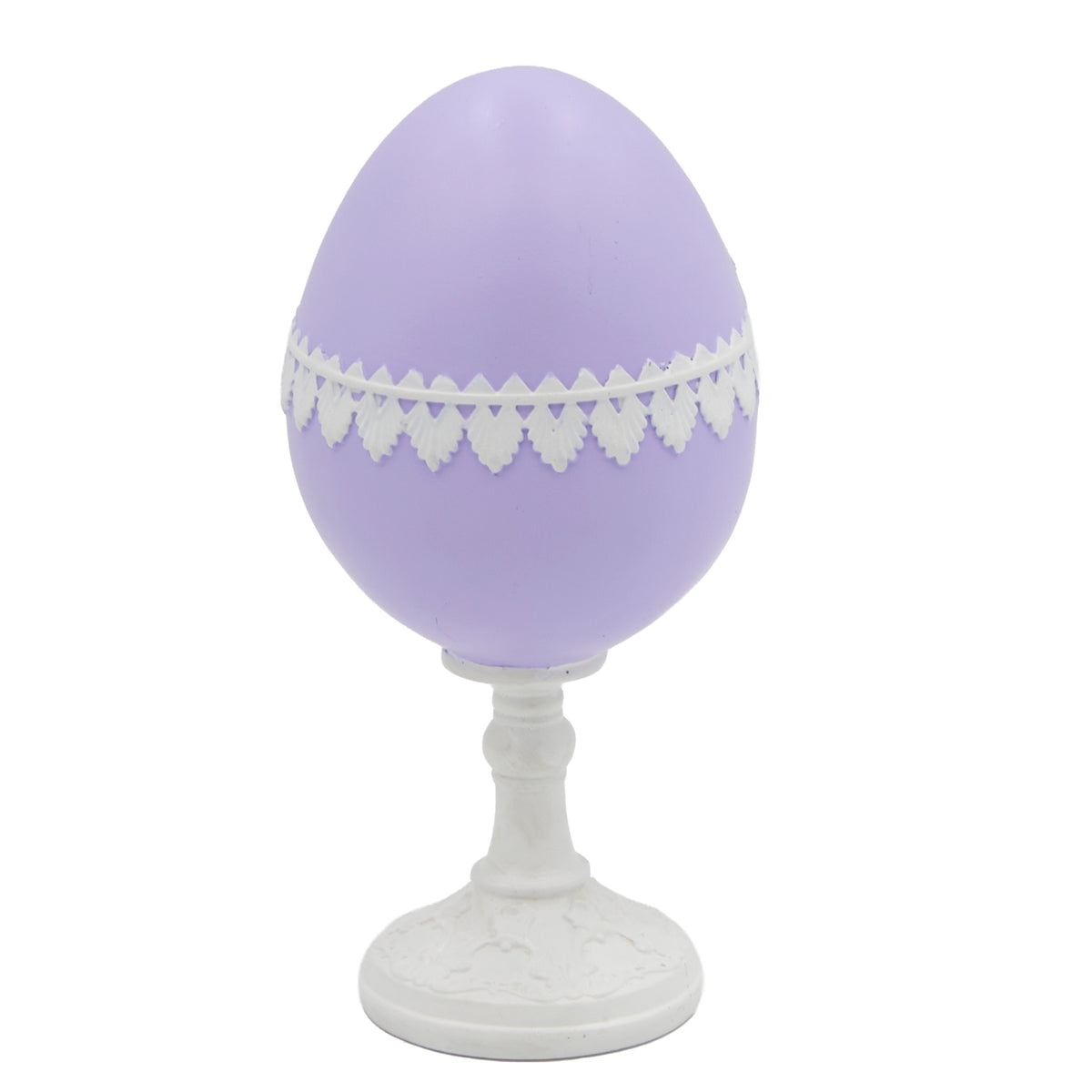 Back view of purple Easter sugar egg figure with decorative white trim