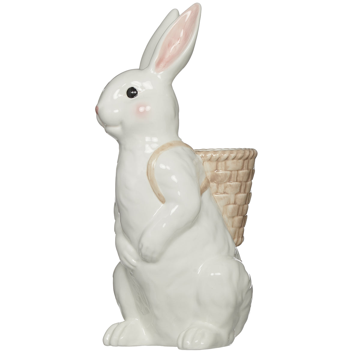 Side view of ceramic Easter bunny planter with woven basket