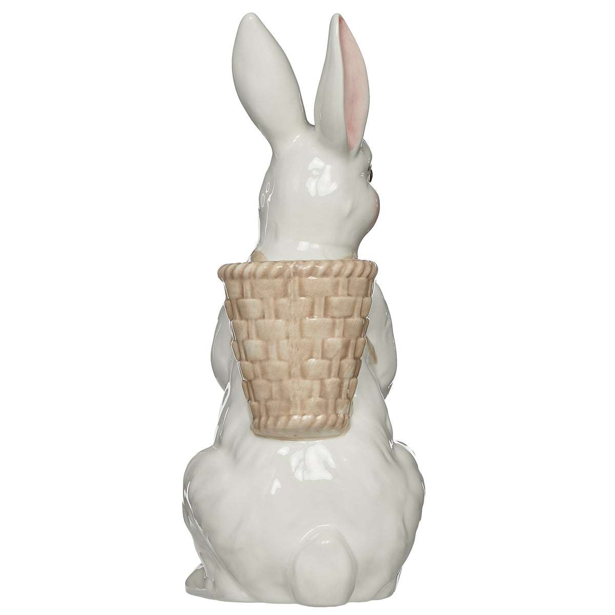 Back view of white ceramic bunny planter showing basket backpack