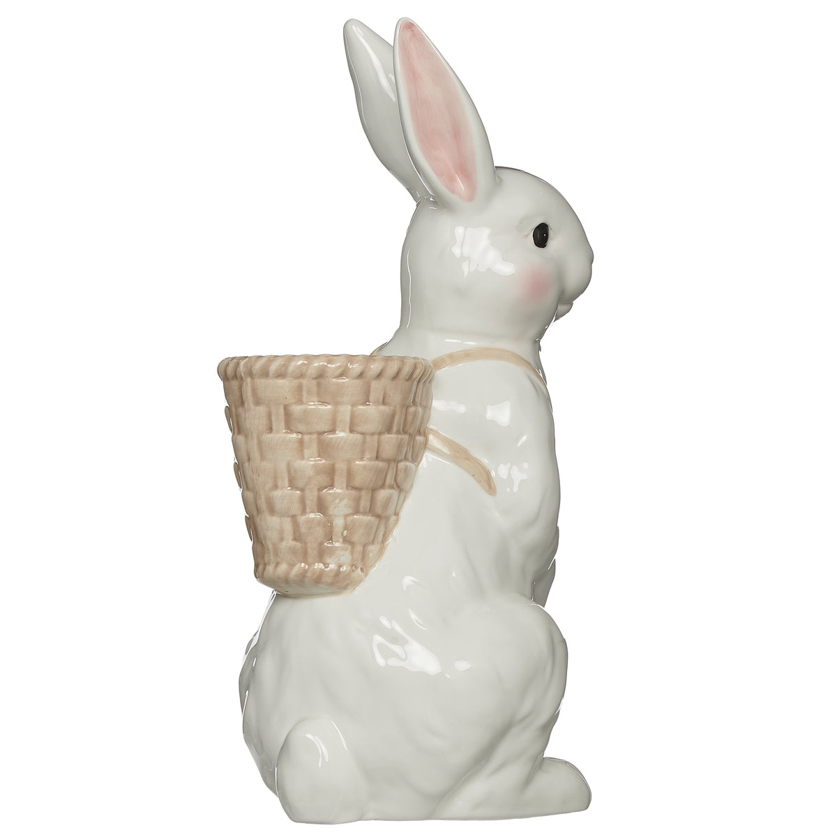 Opposite side view of white Easter bunny backpack planter