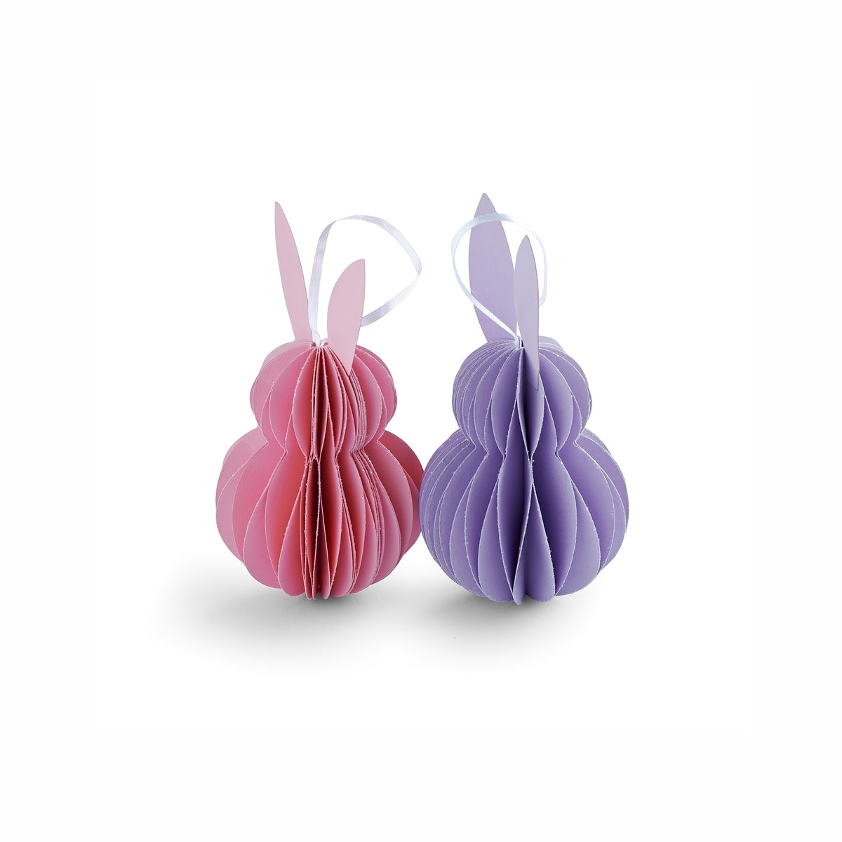Pink and purple honeycomb paper bunny ornaments for Easter decor