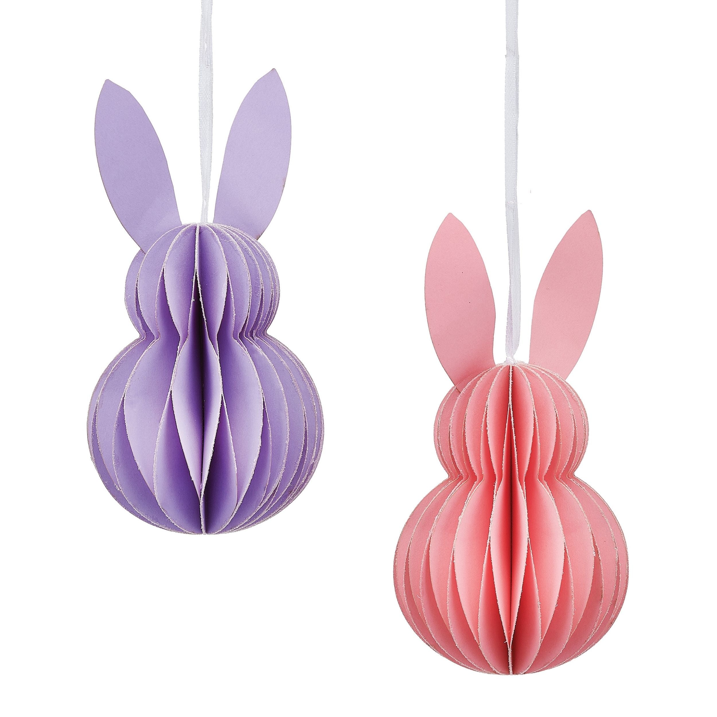 Two paper bunny decorations, one purple and one pink, on a white background.