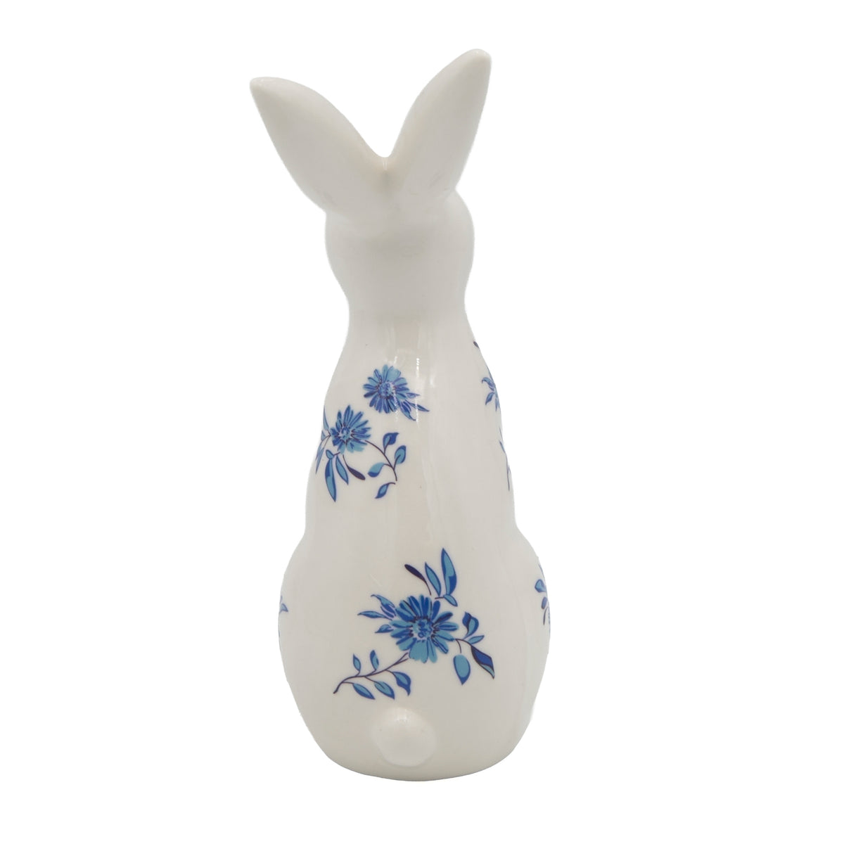 Standing Blue Willow Bunny porcelain figure with blue floral design, back view