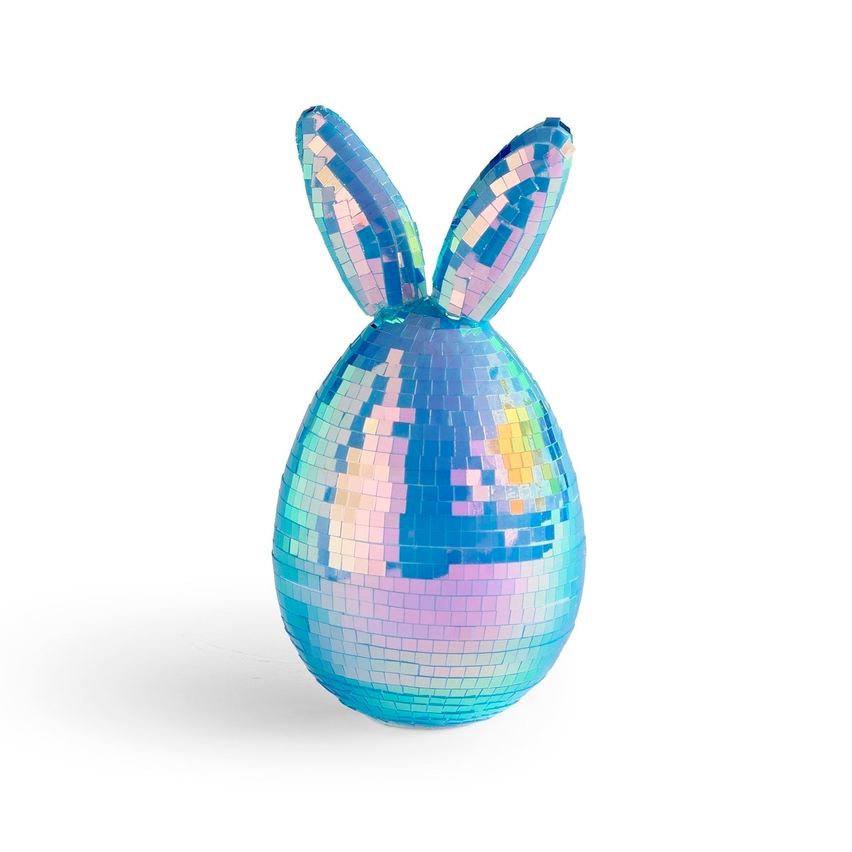Front view of blue iridescent mirror ball Easter egg bunny decoration