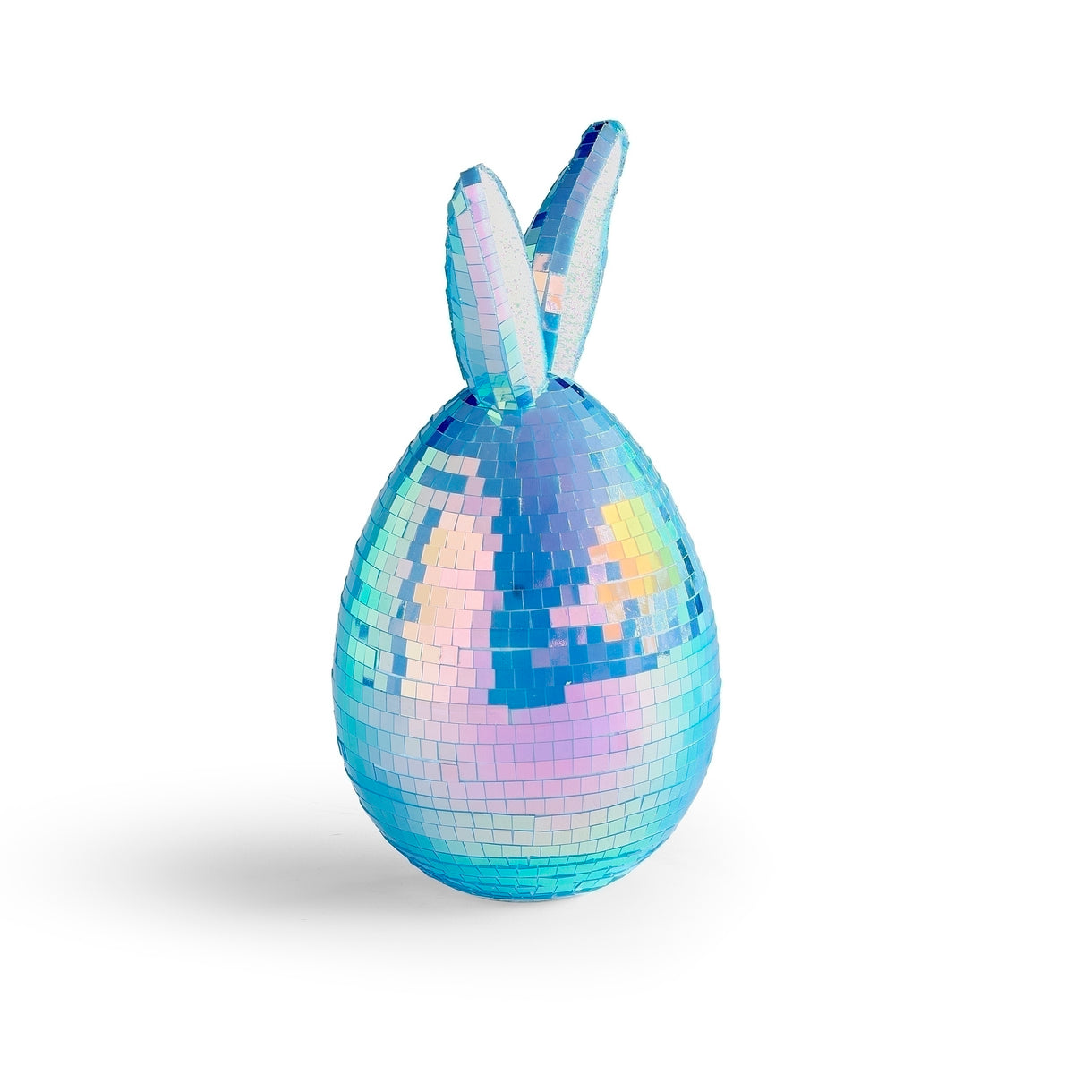 Opposite side view of iridescent Easter egg figure with bunny ears