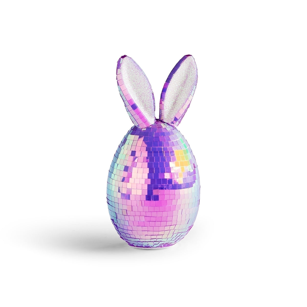 Front view of purple mirror ball Easter egg decoration with bunny ears
